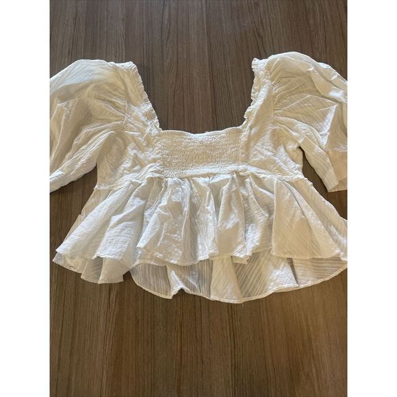 Free People Leave It To Me Babydoll Top Blouse Puff Sleeves in Ivory Size Small - Picture 8 of 10